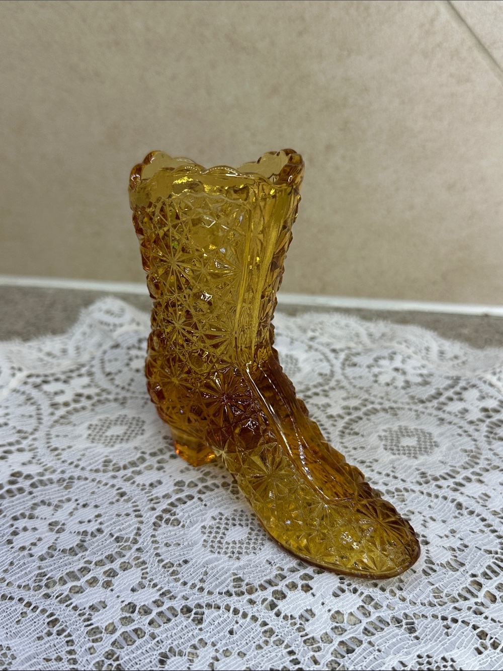 Vintage Late 1960s Fenton Amber Daisy & Button Victorian Boot Figurine